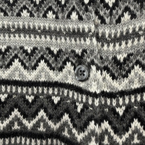 Talbots Cardigan Sweater Womens XL Gray Fair Isle Lambswool Beaded Knit - Picture 2 of 11